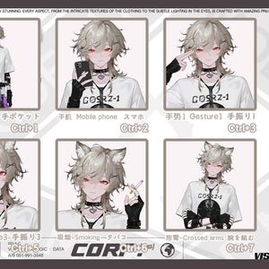 May include: A series of digital art illustrations featuring a character with gray hair, red eyes, and cat ears. The character is wearing a white t-shirt with the text "GOSRZ-1" and a black choker. The images show different poses and actions.