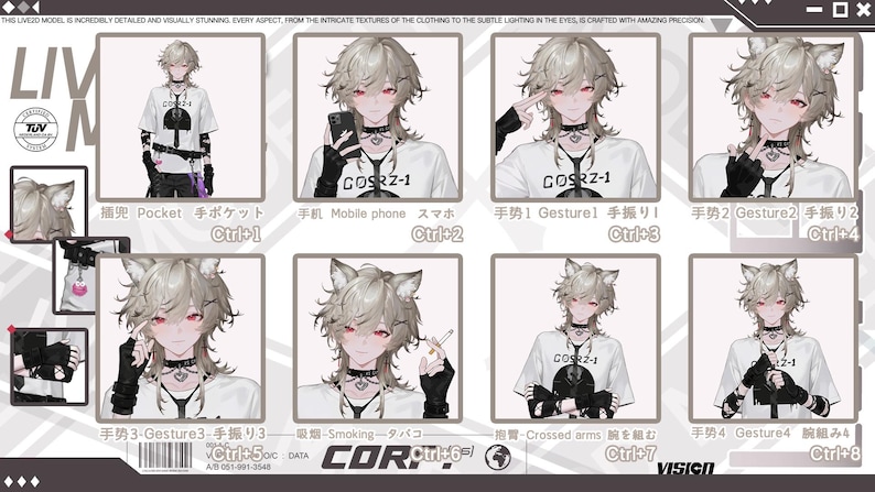 May include: A series of digital art illustrations featuring a character with gray hair, red eyes, and cat ears. The character is wearing a white t-shirt with the text "GOSRZ-1" and a black choker. The images show different poses and actions.