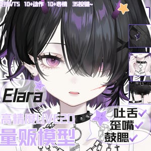 Könnte beinhalten: Eine digitale Charakterillustration einer Person mit kurzem schwarzem Haar mit violetten Strähnen, violetten Augen und kleinen Hörnern. Die Figur trägt ein schwarzes Stachelhalsband und eine Kette. Textüberlagerungen zeigen Elara, VTS und chinesische Schriftzeichen.