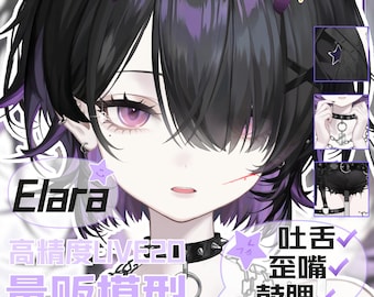 May include: A digital character illustration featuring a person with short black hair with purple highlights, purple eyes, and small horns. The character wears a black spiked choker and a chain necklace. Text overlays include Elara, VTS, and Chinese characters.