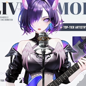 Puede incluir: Una ilustración digital de una mujer con cabello morado y orejas de gato, que lleva una chaqueta de cuero negra y una blusa blanca con alas de ángel. Ella sostiene una guitarra eléctrica azul y un micrófono. El texto "LIV MODEL" está en el fondo, junto con las palabras "MODELOS IMPULSADOS POR DATOS", "ANIMACIÓN DE ALTA GAMA", "ARTISTA DE PRIMER NIVEL" e "INTERACTIVIDAD".