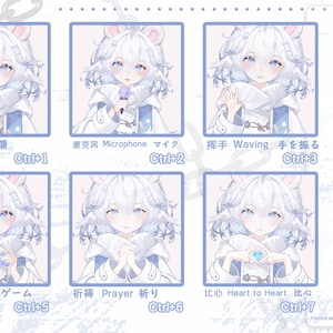 May include: An illustration featuring a character with white hair and blue eyes in various poses. The character is wearing a white and blue outfit. Text includes "Sugar", "Microphone", "Waving", "Cat Scratch", "Game", "Prayer", "Heart to Heart", and "Gloves".