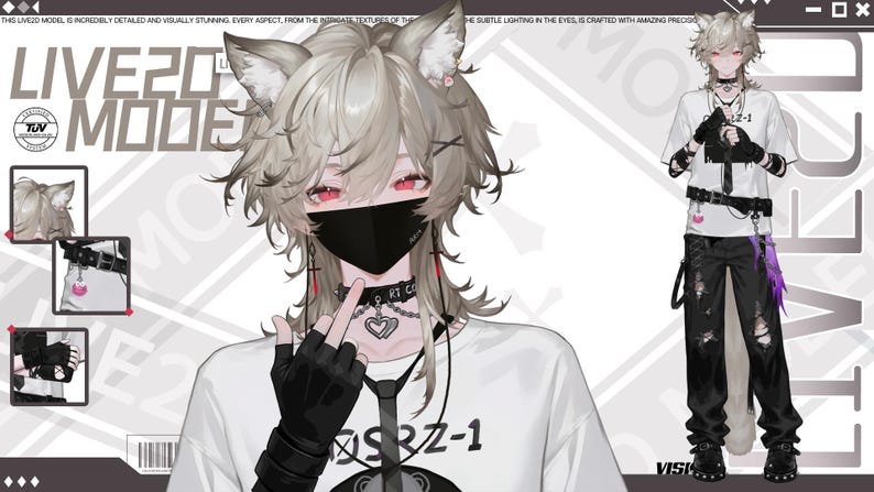 May include: An illustration of a character with wolf ears, red eyes, and a black face mask. The character wears a white t-shirt with "SBZ-1" printed on it, a black choker, and black gloves. The image includes the text "LIVE20 MODE".