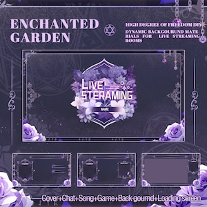 Peut inclure: Un design floral violet et blanc avec le texte "LIVE STERAMING" et "NAME" dans un cadre blanc. L'arrière-plan est violet foncé avec un effet de ciel étoilé. Le texte "ENCHANTED GARDEN" est en haut de l'image. Le texte "HIGH DEGREE OF FREEDOM DIY DYNAMIC BACKGOURUND MATERIALS FOR LIVE STREAMING ROOMS" est en haut à droite de l'image.