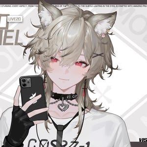 May include: An anime-style illustration of a character with light brown hair, red eyes, and fox-like ears. The character is holding a black smartphone and wearing a white t-shirt with the text "COSR2-1". The image includes the text "LIVE20 MODEL".