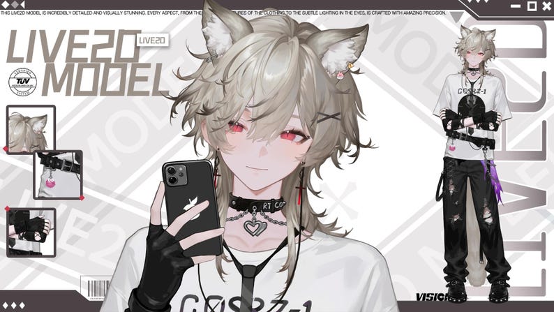 May include: An anime-style illustration of a character with light brown hair, red eyes, and fox-like ears. The character is holding a black smartphone and wearing a white t-shirt with the text "COSR2-1". The image includes the text "LIVE20 MODEL".