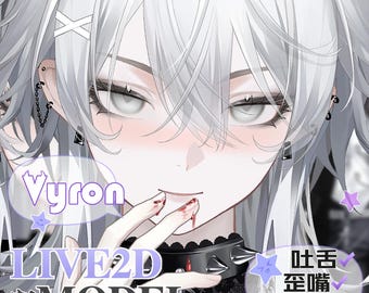May include: A digital illustration of a character with white hair, pale skin, and light eyes, wearing a black spiked choker. The character has a finger near their mouth with a drop of red liquid. Text includes Vyron, LIVE2D MODEL, and Japanese characters.