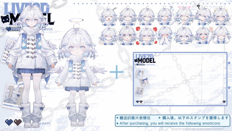 May include: A digital art illustration of a Live2D model. The model is a character with white hair, blue eyes, and a white coat with blue accents. The image includes various facial expressions and a blank template.