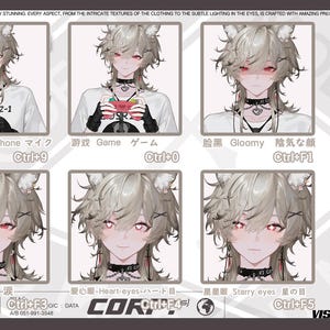 May include: A digital art display featuring a character with light gray hair and red eyes, showcasing various expressions. The character wears a choker and a white shirt. Text includes "Microphone," "Game," and "Blushing."