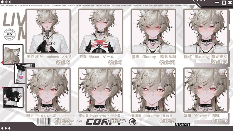 May include: A digital art display featuring a character with light gray hair and red eyes, showcasing various expressions. The character wears a choker and a white shirt. Text includes "Microphone," "Game," and "Blushing."