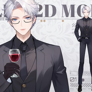 May include: A digital illustration of a man with white hair wearing a black suit, white shirt, and black tie. He is holding a glass of red wine. The image is labeled "L2D MODEL" and "HIGH-END ANIMATION".
