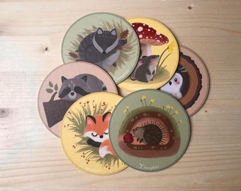 Set di 6 sottobicchieri con animali della foresta: lupo, volpe, riccio, gufo, topo, procione