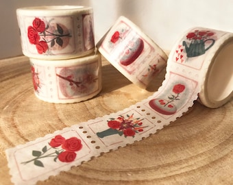 Nastro Washi con timbri floreali, amore, cuori e gatti: perfetto per regali e scrapbooking!