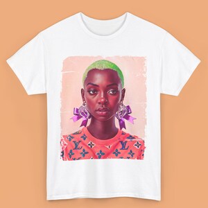 Camiseta con arte de mujer negra, camiseta con gráfico de cabello verde neón, estilo afrocéntrico, camiseta pop art con melanina, top con estilo urbano.