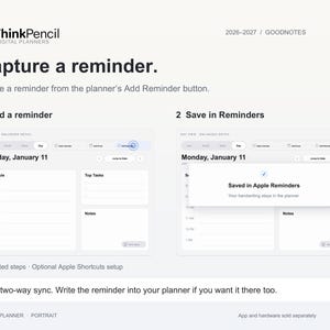Illustrated Add Reminder action from a planner day page followed by a confirmation that the reminder was saved in Apple Reminders. Optional Apple Shortcuts setup; no two-way sync. Write the reminder in the planner if desired.