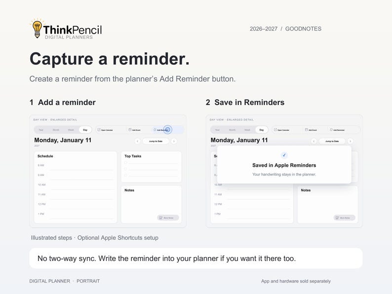 Illustrated Add Reminder action from a planner day page followed by a confirmation that the reminder was saved in Apple Reminders. Optional Apple Shortcuts setup; no two-way sync. Write the reminder in the planner if desired.