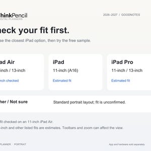 iPad fit choices: Air 11- or 13-inch, iPad 11-inch A16, Pro 11- or 13-inch, and Other or Not sure. Fit was checked on an 11-inch Air; other listed fits are estimates. Other or Not sure uses a standard portrait layout with unconfirmed fit.