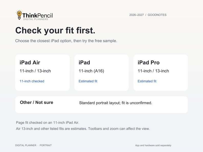 iPad fit choices: Air 11- or 13-inch, iPad 11-inch A16, Pro 11- or 13-inch, and Other or Not sure. Fit was checked on an 11-inch Air; other listed fits are estimates. Other or Not sure uses a standard portrait layout with unconfirmed fit.