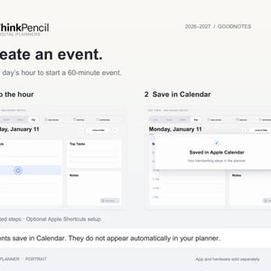 Illustrated Calendar Connection steps: tap an hour on a planner day page to start a 60-minute event, then save in Apple Calendar. Optional Apple Shortcuts setup is required. Events do not appear automatically in the planner.