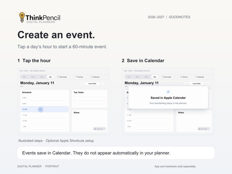 Illustrated Calendar Connection steps: tap an hour on a planner day page to start a 60-minute event, then save in Apple Calendar. Optional Apple Shortcuts setup is required. Events do not appear automatically in the planner.
