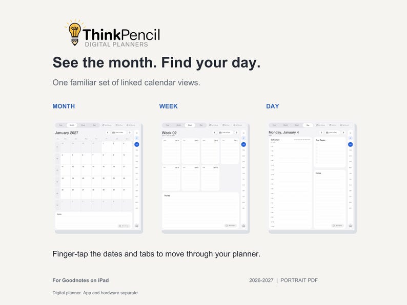 ThinkPencil monthly, weekly and hourly day pages shown side by side. The heading reads “See the month. Find your day.” Finger-tap dates and tabs to move through the linked portrait planner in Goodnotes.