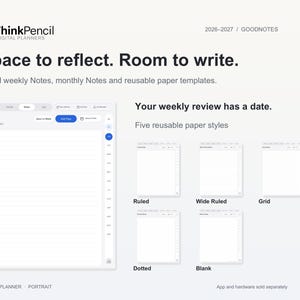 A dated weekly Notes page beside five reusable paper templates: Ruled, Wide Ruled, Grid, Dotted and Blank. The image highlights weekly review space, monthly Notes and extra writing pages.