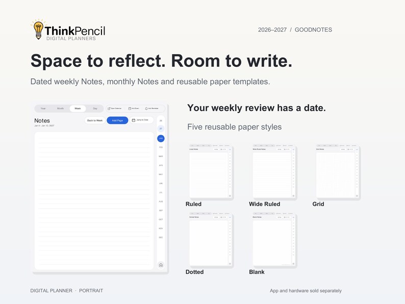 A dated weekly Notes page beside five reusable paper templates: Ruled, Wide Ruled, Grid, Dotted and Blank. The image highlights weekly review space, monthly Notes and extra writing pages.