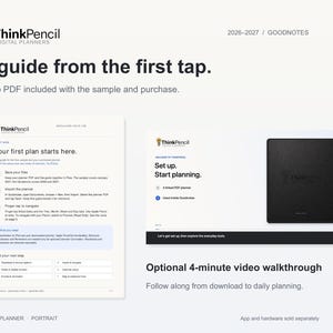 The included ThinkPencil installation, setup and use PDF guide beside the opening screen of the optional four-minute video walkthrough. The guide accompanies both the free sample and the purchased planner.