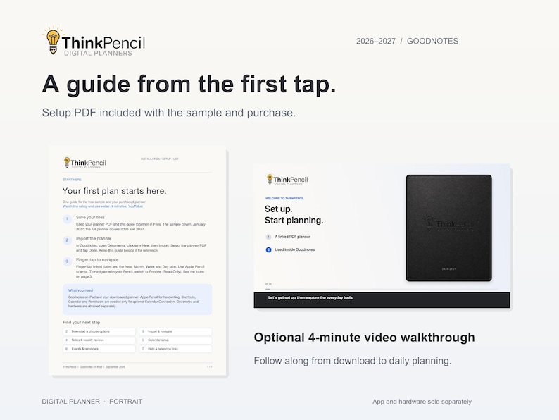 The included ThinkPencil installation, setup and use PDF guide beside the opening screen of the optional four-minute video walkthrough. The guide accompanies both the free sample and the purchased planner.