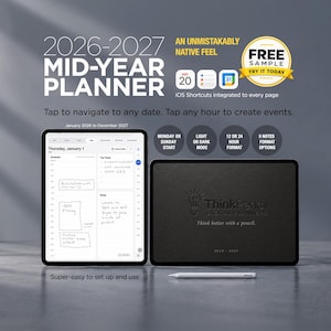 Może przedstawiać: Cyfrowy planer 2026-2027 wyświetlony na dw&oacute;ch tabletach z rysikiem. Ekran pokazuje harmonogram dnia, zadania i notatki. Tekst zawiera 2026-2027 MID-YEAR PLANNER, ThinkPencil DIGITAL PLANNERS oraz iOS Shortcuts integrated to every page.