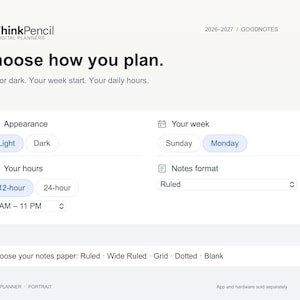 Planner configuration choices for light or dark appearance, Monday or Sunday week start, 12- or 24-hour time, daily hours and notes paper. Paper choices are Ruled, Wide Ruled, Grid, Dotted and Blank.