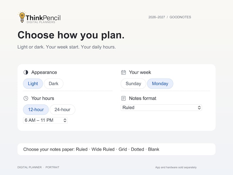 Planner configuration choices for light or dark appearance, Monday or Sunday week start, 12- or 24-hour time, daily hours and notes paper. Paper choices are Ruled, Wide Ruled, Grid, Dotted and Blank.