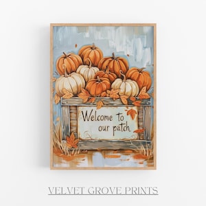May include: A painting of a wooden crate filled with orange and white pumpkins. The crate has a sign that reads "Welcome to our patch".