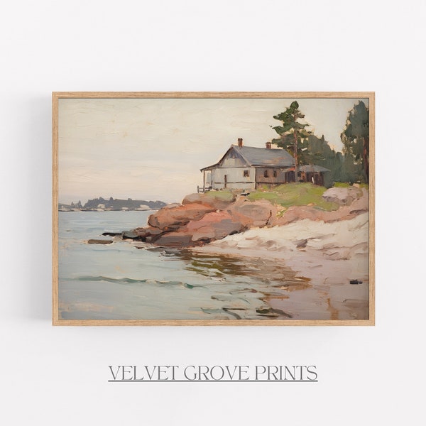 Cottage by the Sea Oil Painting, Instant Download, Printable Art, Vintage Style Wall Decor, Rustic Home Print, Farmhouse Nature Scene