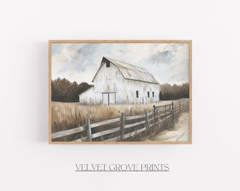 May include: A watercolor painting of a white barn with a rusty metal roof, surrounded by a wooden fence and tall grass. The barn is set against a cloudy sky.