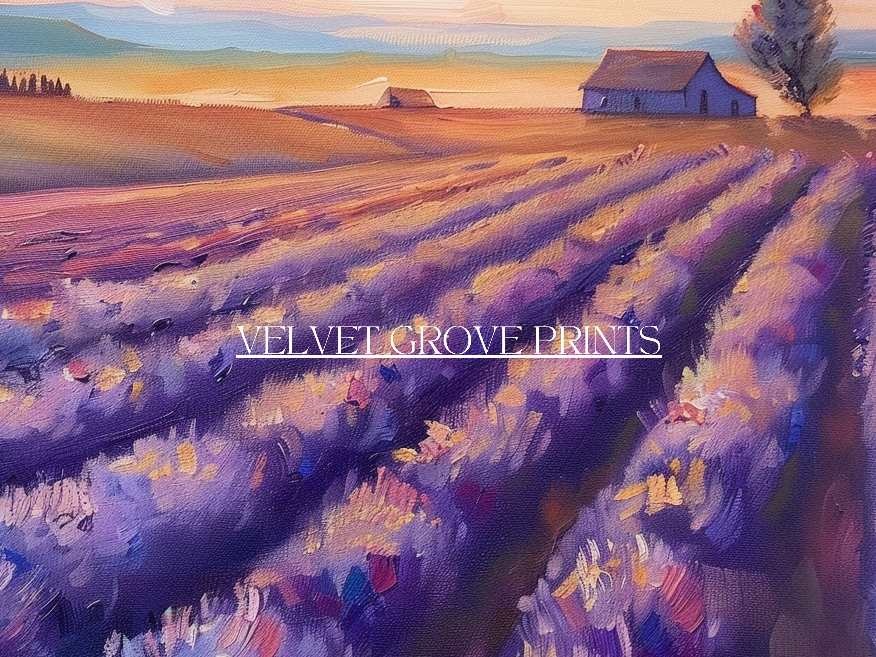 ラベンダー畑の油絵：ヴィンテージ風の素朴なホームデコレーション