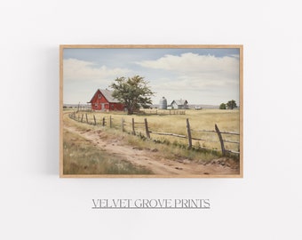 May include: A painting of a red barn with a wooden fence and a dirt road leading to it. The barn is surrounded by a field of tall grass and a few trees. There is a silo in the background.
