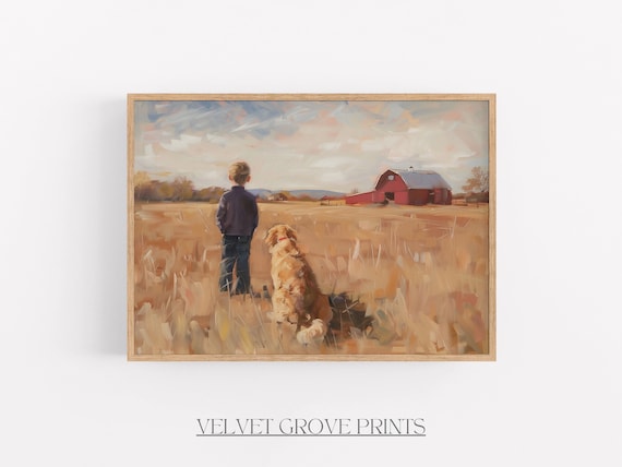 少年と犬の油絵：ヴィンテージスタイルのファームハウスプリント（即時