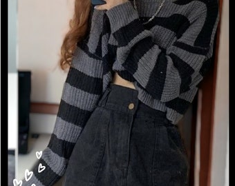 Gothic Style Striped Cropped Sweater Women Goth Oversize Knit Jumper Female Long Sleeve O-neck Pullovers Tops For Girls