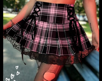 Goth Lace Up Y2K Woman Skirts Striped Plaid Laced Trim Gothic Skirts School Skirt Punk Dark Academia Aesthetic E Girl Clothes Pink Black