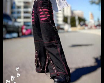 Gothic Women Punk Cargo Pants Black And Red Wide Straight Leg Pants Grunge Hippie Baggy Trousers Y2k Dark Streetwear