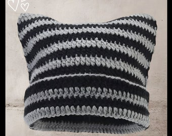 Goth Cute Cat Ears Beanie Hats for Women Crochet Striped Punk Gothic Y2K Fashion Wool Knitted Streetwear Bucket Hat