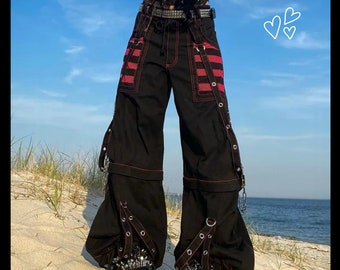 Pantaloni cargo punk da donna gotici Pantaloni larghi a gamba dritta neri e rossi Pantaloni larghi hippie grunge Y2k Streetwear scuro