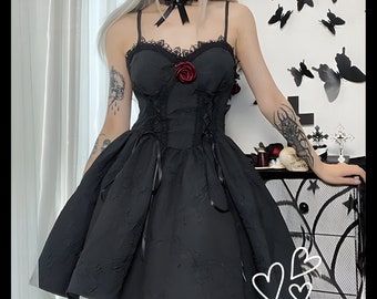 Goth Dark Tie Up Spaghetti Strap Gothic Elegant Women Dresses Grunge Aesthetic Dress Emo Lace Trim Black Alt Clothes