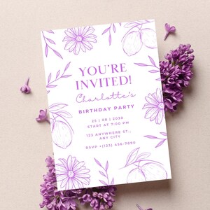 Cartão de convite | Aniversário | Casamento | Festa | Violeta | Floral | Elegante | Botânico | Modelo digital | Download instantâneo | 5x7 polegadas