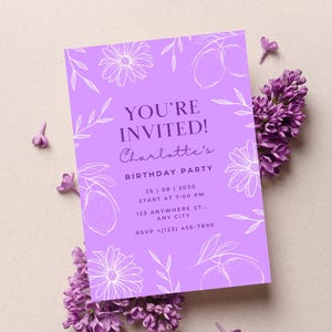 Cartão de convite | Aniversário | Casamento | Festa | Roxo | Floral | Elegante | Botânico | Modelo digital | Download instantâneo | 5x7 polegadas