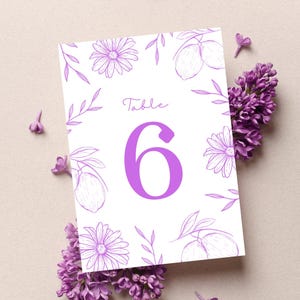 Cartão de Número de Mesa | Aniversário | Casamento | Festa | Violeta | Floral | Limão | Botânico | Modelo digital | Download instantâneo | 5x7 polegadas
