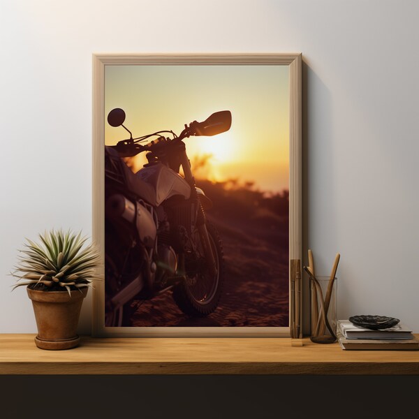 Sunset Ride Print, Vintage Motorcycle Poster, Cruiser Bike Art, Classic Motorbike Portrait, Golden Hour Biking, Retro Roadster Wall Art