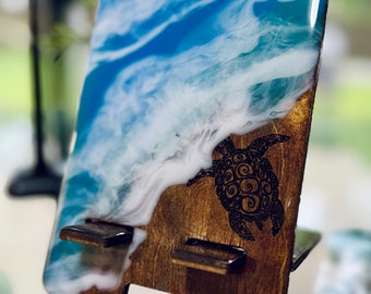 Phone Holder for desk , Phone holder made of wood and epoxy resin with sea pattern, waves, surfing. For lovers of the beach, surfing, summer