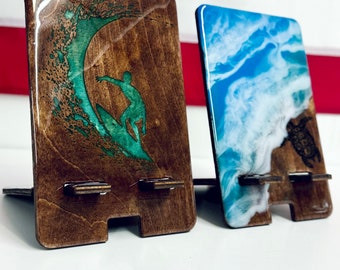 Phone Holder for desk , Phone holder made of wood and epoxy resin with sea pattern, waves, surfing. For lovers of the beach, surfing, summer